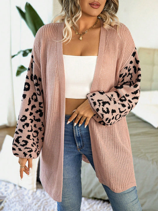 Plus Leopard Pattern Drop Shoulder Split Hem Open Front Cardigan