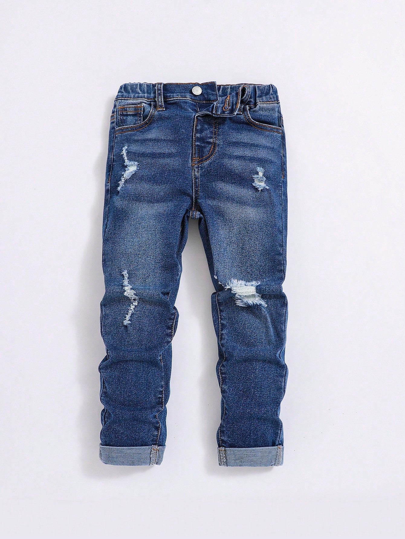 Young Boy Elastic Waist Distressed Straight Leg Jeans With Pockets