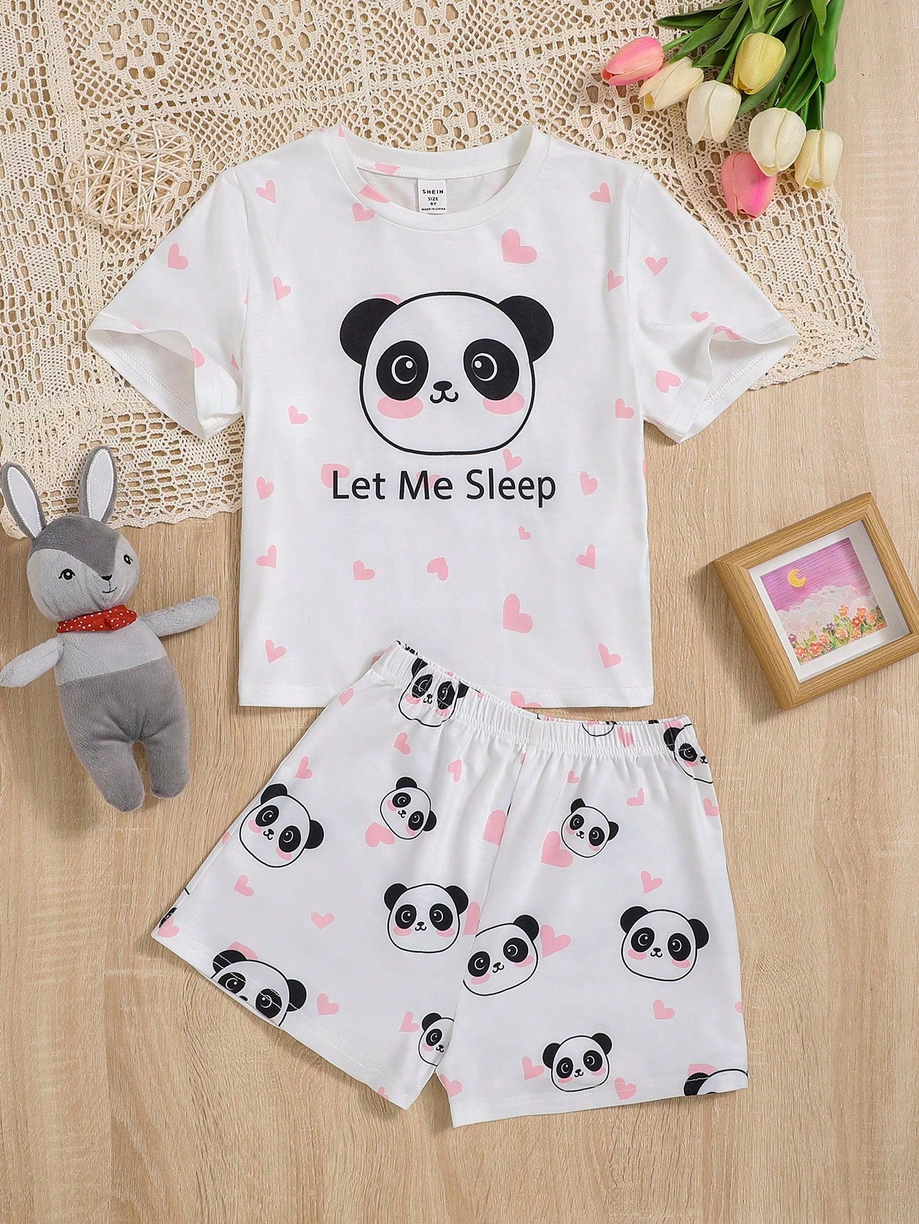 Tween Girl Panda & Slogan Graphic Tee & Shorts PJ Set