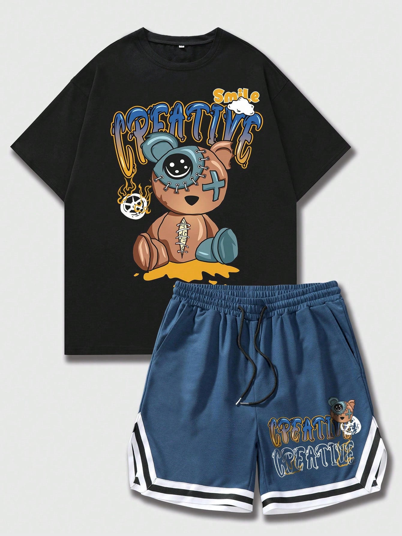 Street Life Men Cartoon Bear & Letter Print T-Shirt With Drawstring Shorts Two-Piece Set