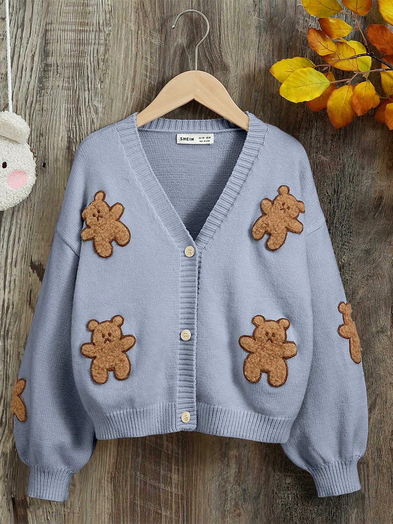 Tween Girl Sporty Long Sleeve V-neck Cardigan With Cute Bear Pattern