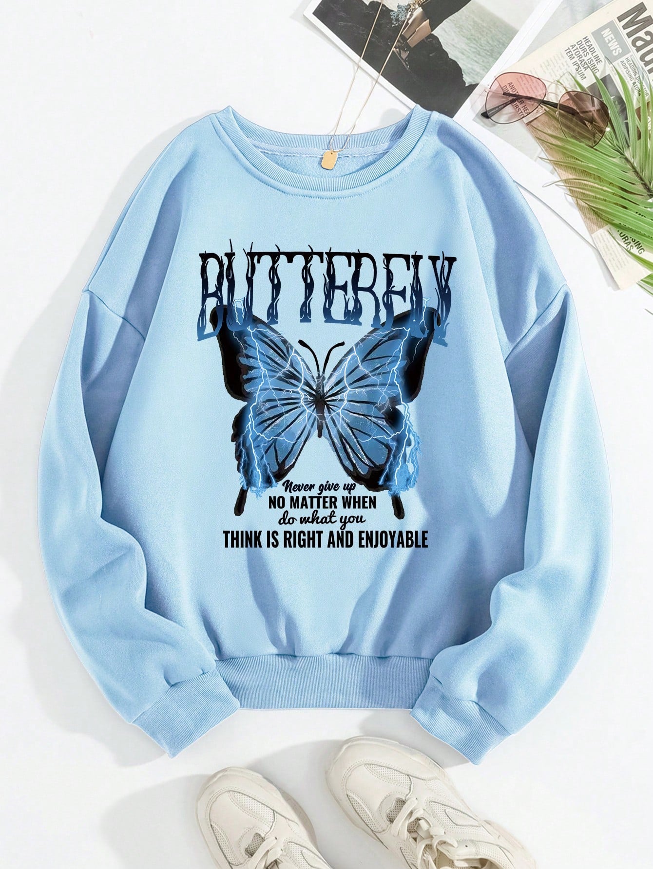 Butterfly And Slogan Graphic Drop Shoulder Drawstring Hoodie BUTTERFLY Never Give Up NO MATTER WHEN Do What You THINK IS RIGHT AND ENJOYABLE