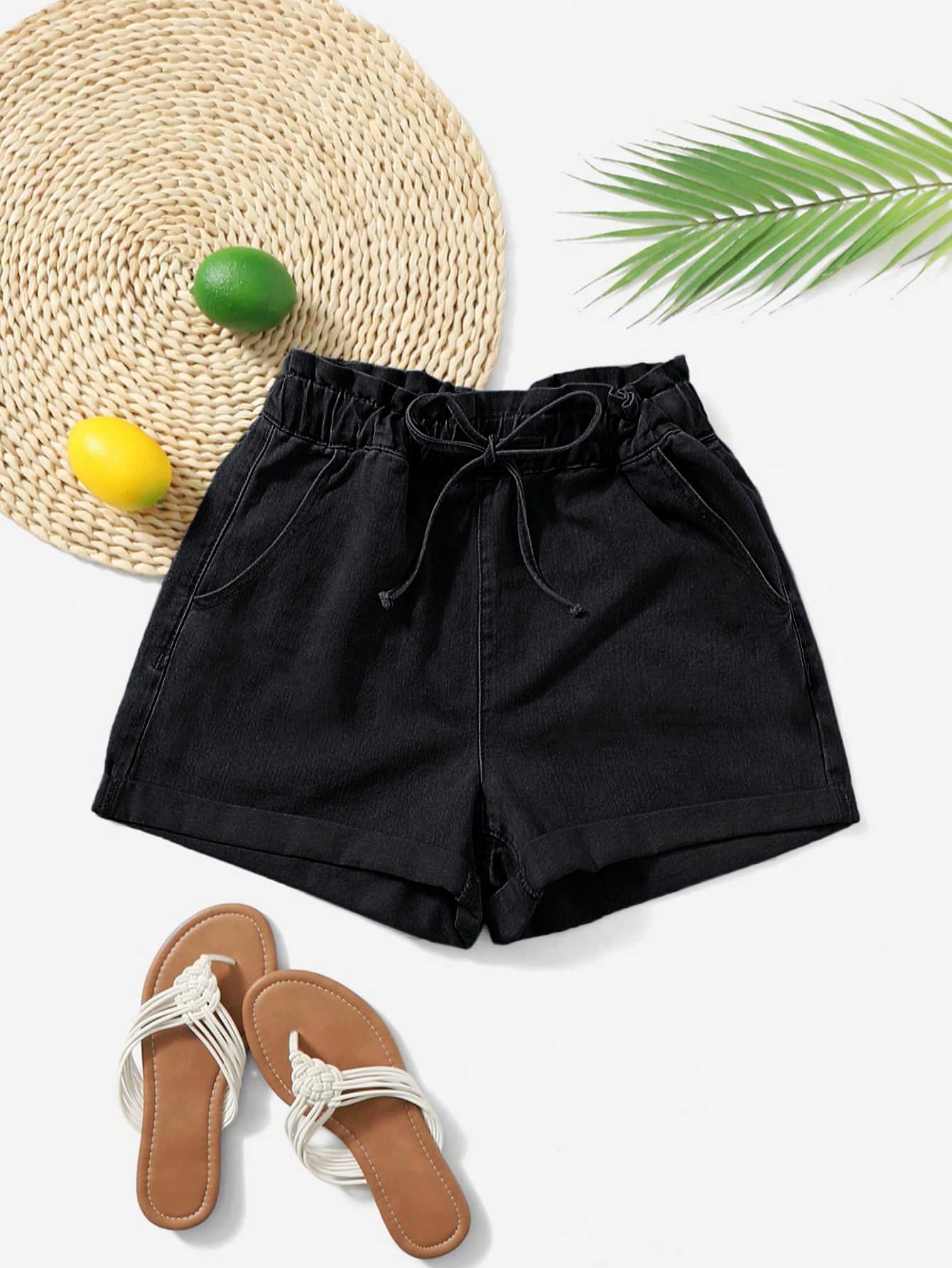 Paperbag Waist Roll Hem Denim Shorts