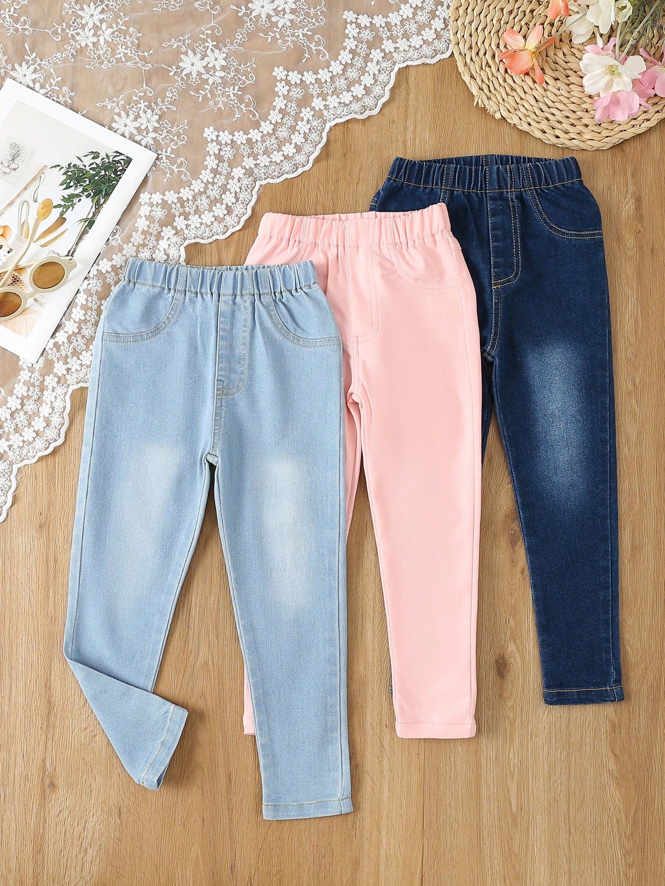 Young Girl Casual Daily Fully Elastic Waist Flat Pockets Baggy Jeans In 3 Piece Sets, The Best Daily Outfits