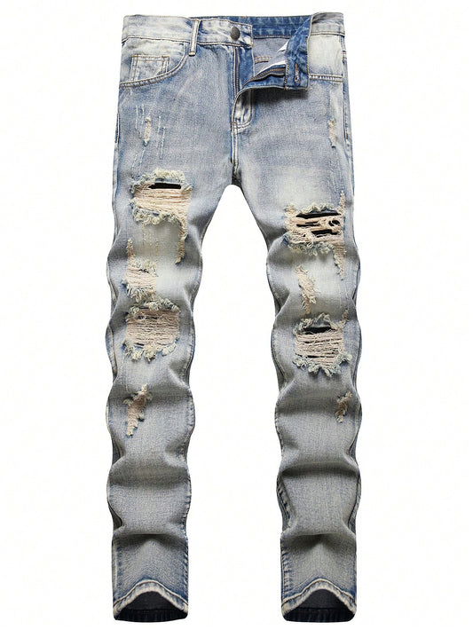 Men Ripped Frayed Bleach Wash Jeans