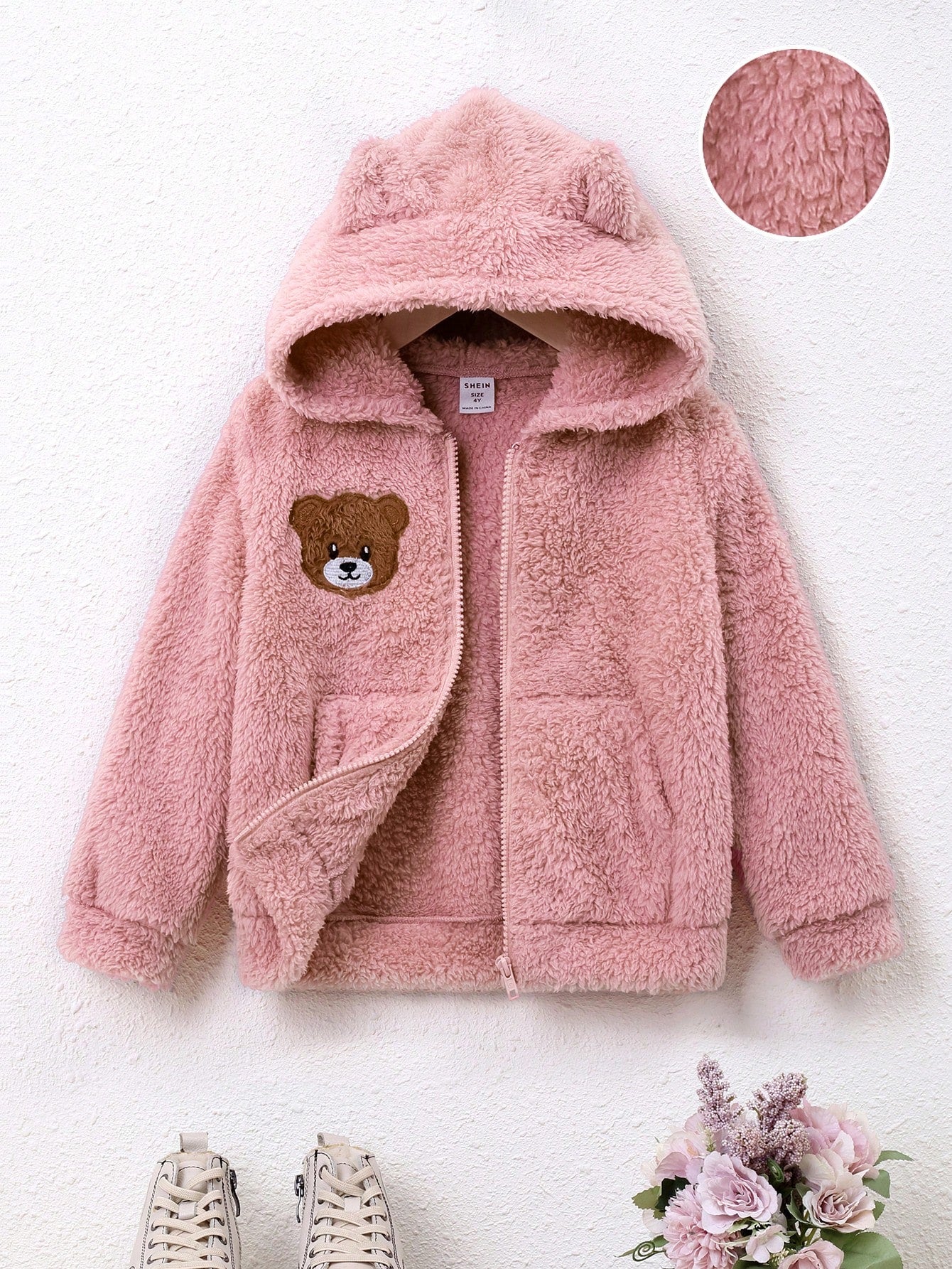 Young Girl Knitted Solid Color Plush Hooded Teddy Bear Badge Loose Casual Jacket