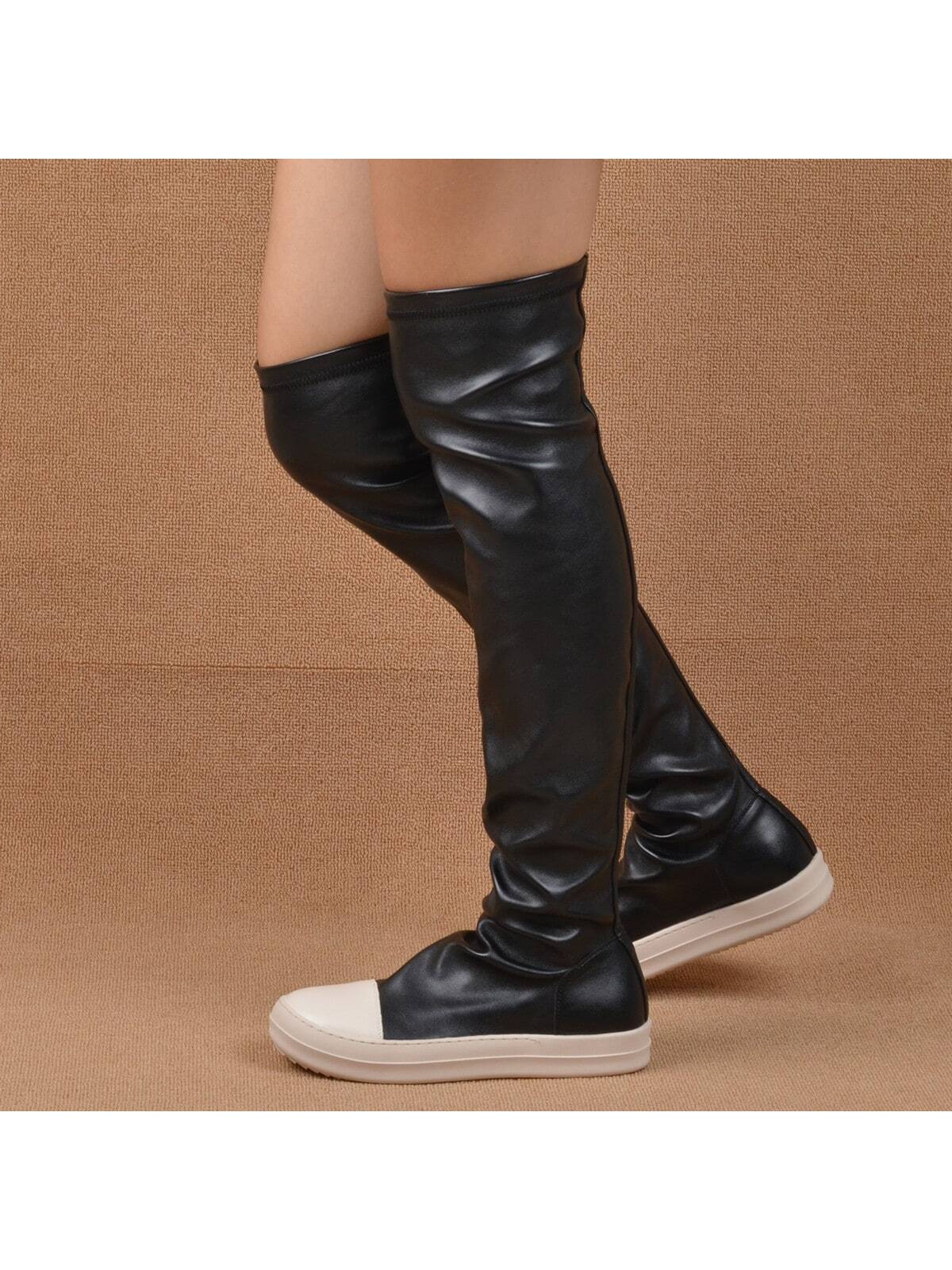 Women's Fashionable Elegant Round Toe Thick Bottom Over-The-Knee Elastic Boots