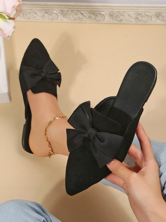 Women's Fashionable Classic Black Bowknot Decor Pointed Toe Mules Flat Shoes