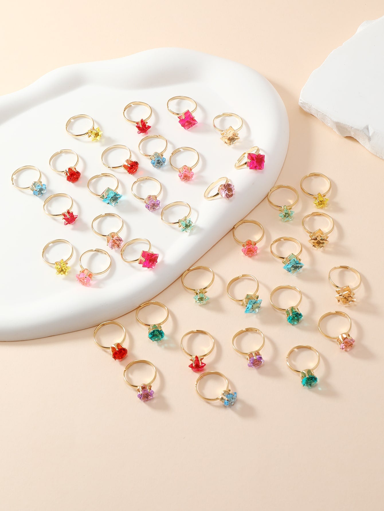 1set/36pcs Little Girls' Adjustable Imitation Gemstone Cute Cartoon Rings In Gold-tone