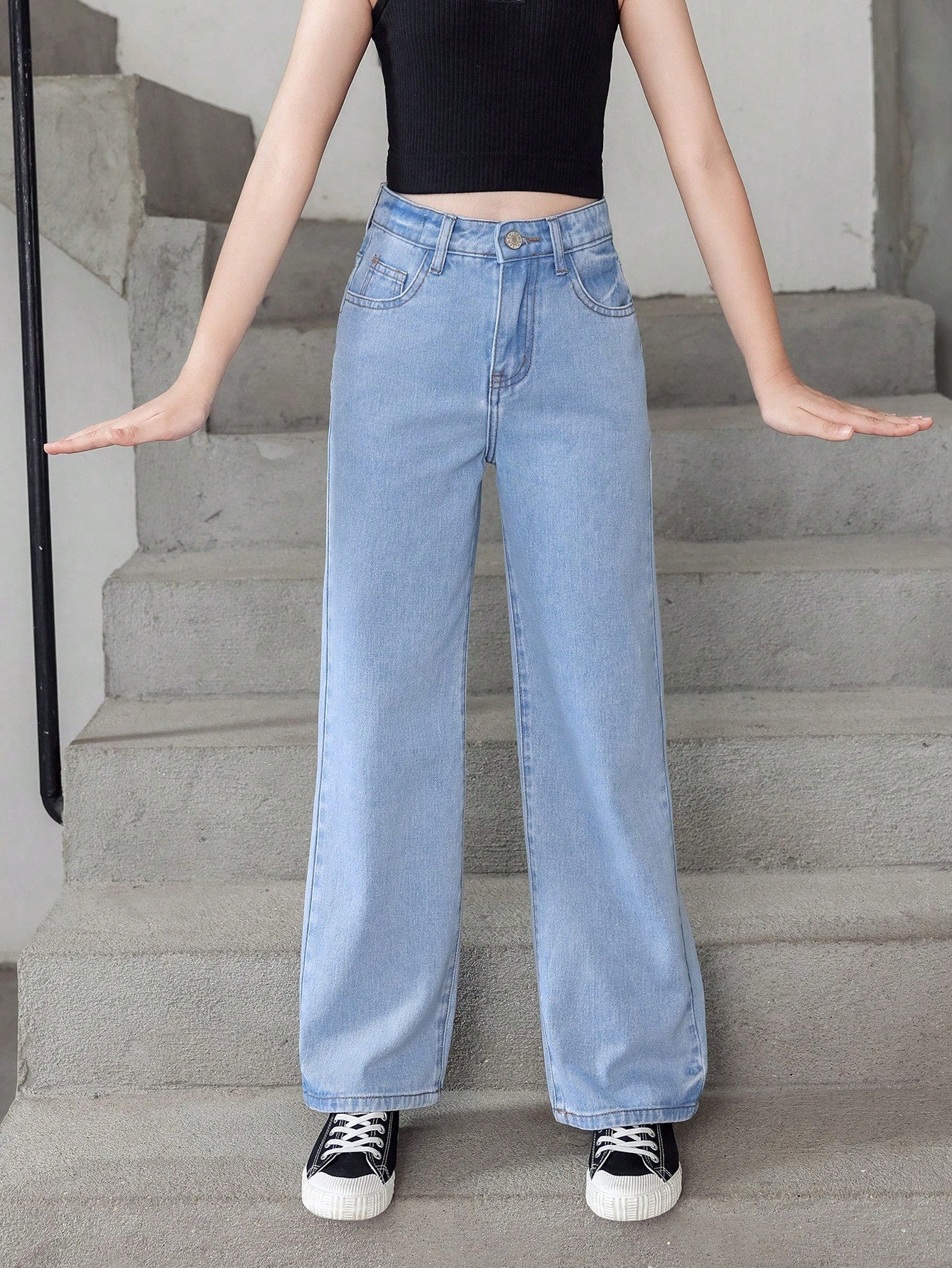 Tween Girl Basic Daily Loose Wide Leg Denim Pants