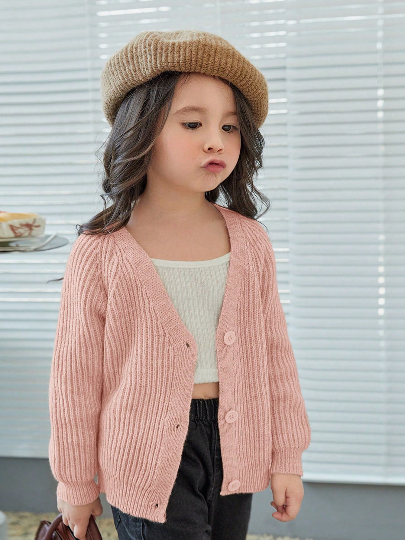 Young Girl Casual And Comfortable Long Sleeve Cardigan With Shoulder Button And Front Button Closure