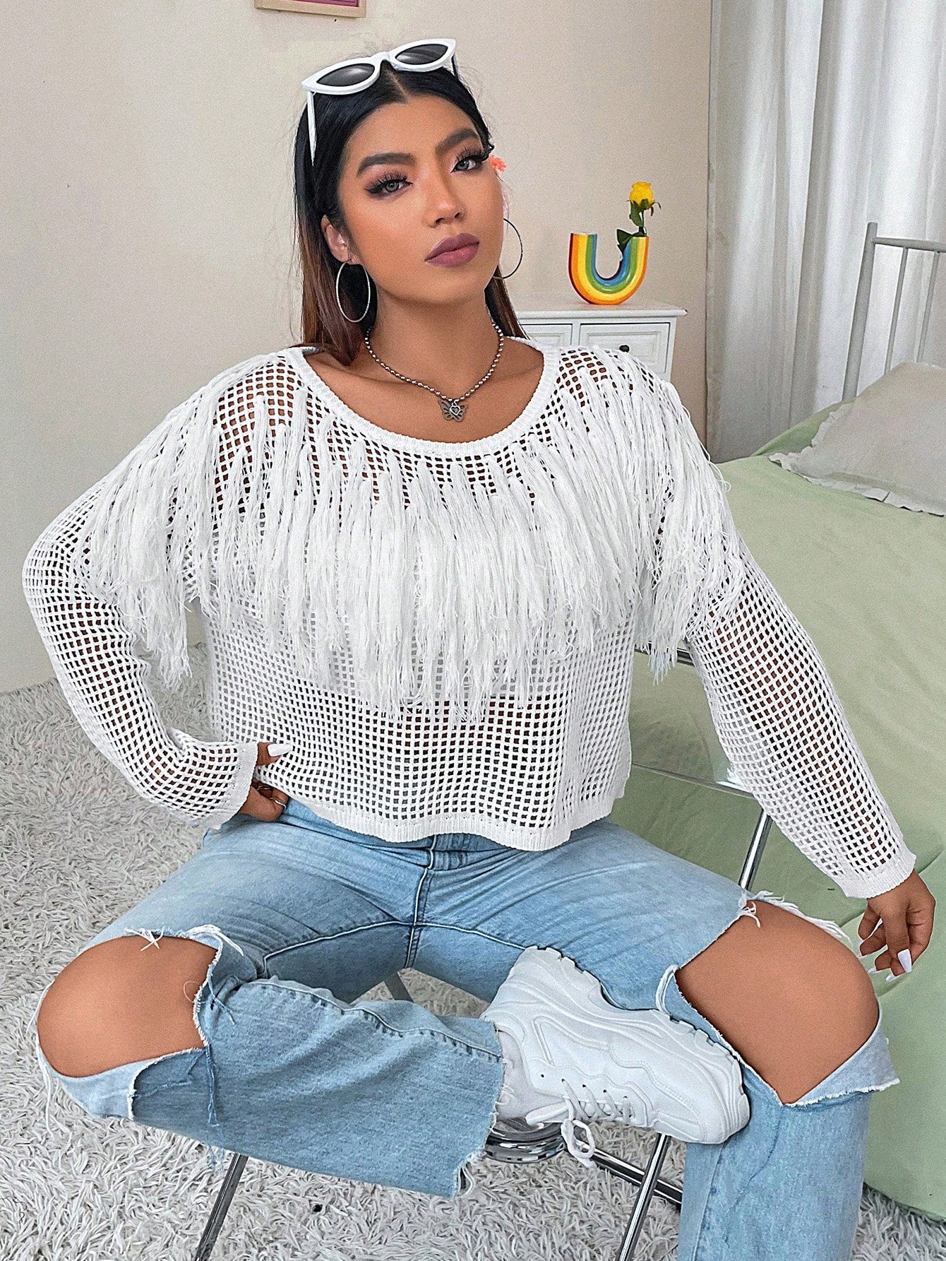 Plus Fringe Trim Open Knit Drop Shoulder Sweater