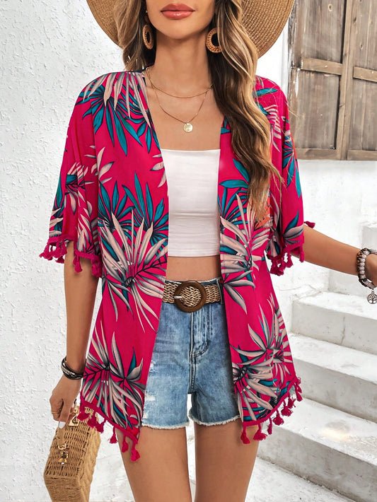 Summer Beach Tropical Print Tassel Trim Kimono