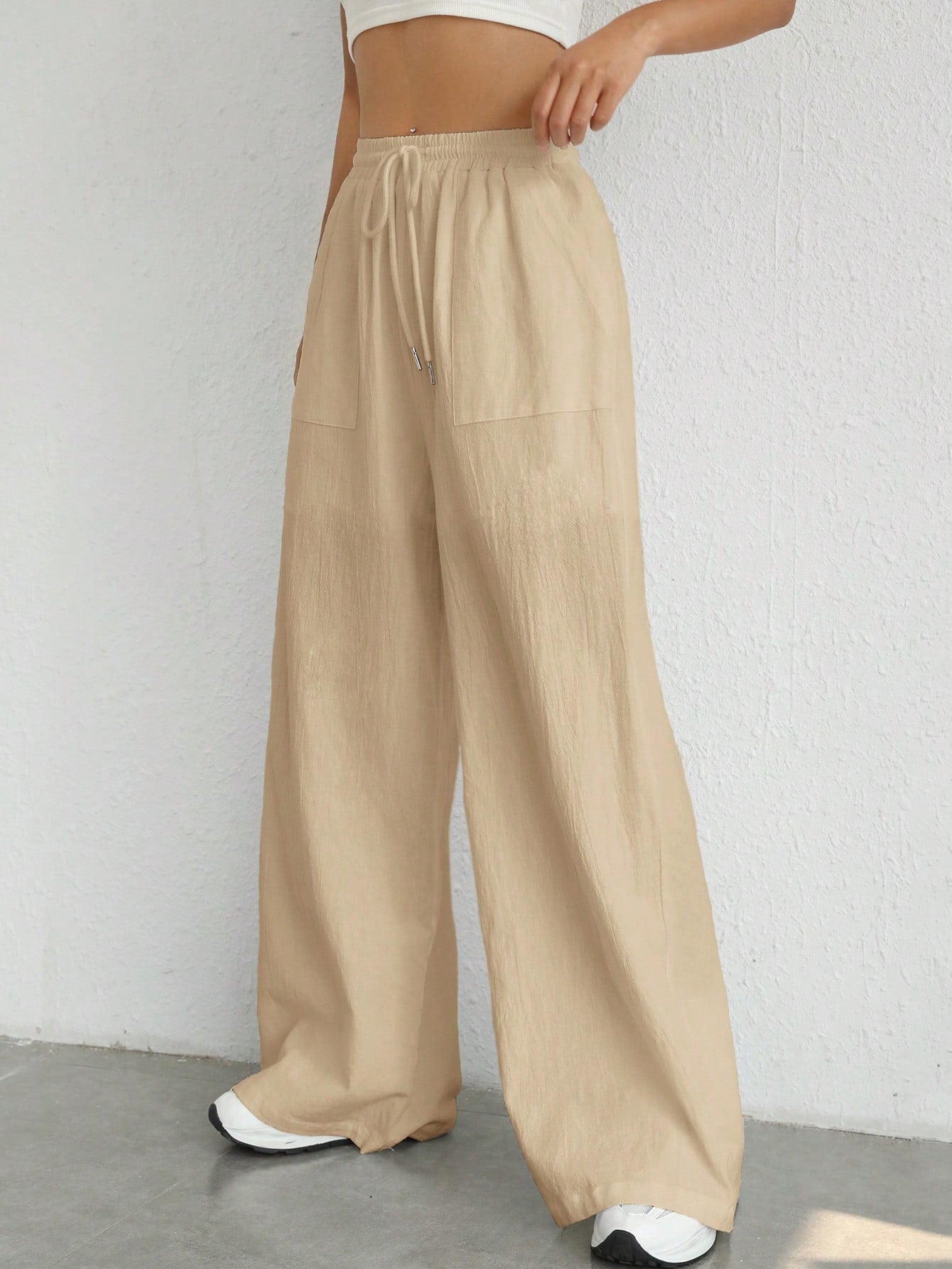 Women's Drawstring Waist Pockets Wide Leg Loose Beige Casual Woven Long Pants