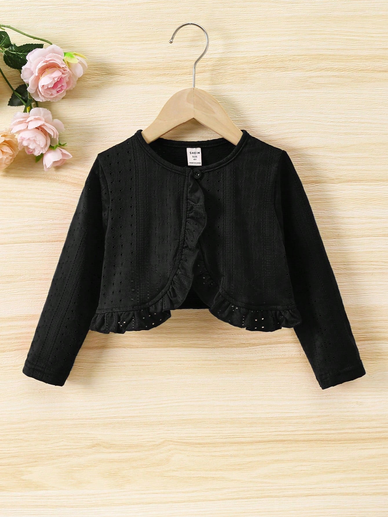 Young Girl Knit Hollow-Out Fabric Ruffle Trim Crop Jacket, Sweet & Cool Style, & Elegant, Suitable For Spring And Autumn, Outdoors And Various Occasions