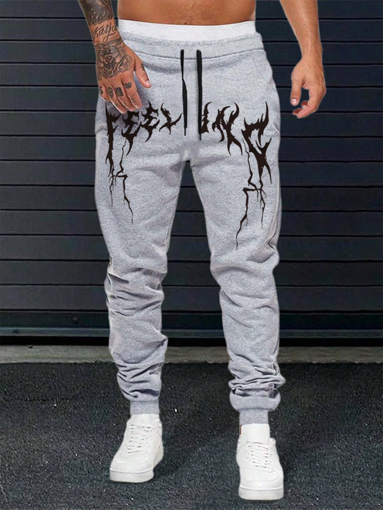 Men Graphic Print Drawstring Waist Sweatpants Long Sweat Pant Letter Light Grey Going Out Goth Friends