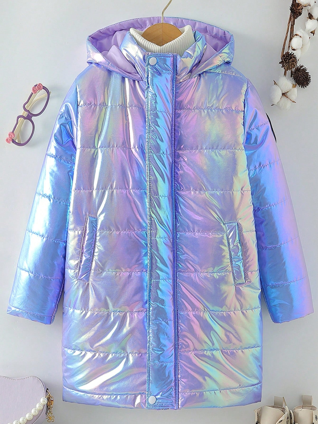 Tween Girl Holographic Hooded Puffer Coat Without Sweater