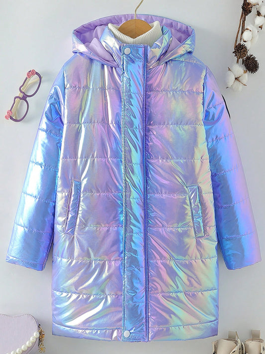 Tween Girl Holographic Hooded Puffer Coat Without Sweater