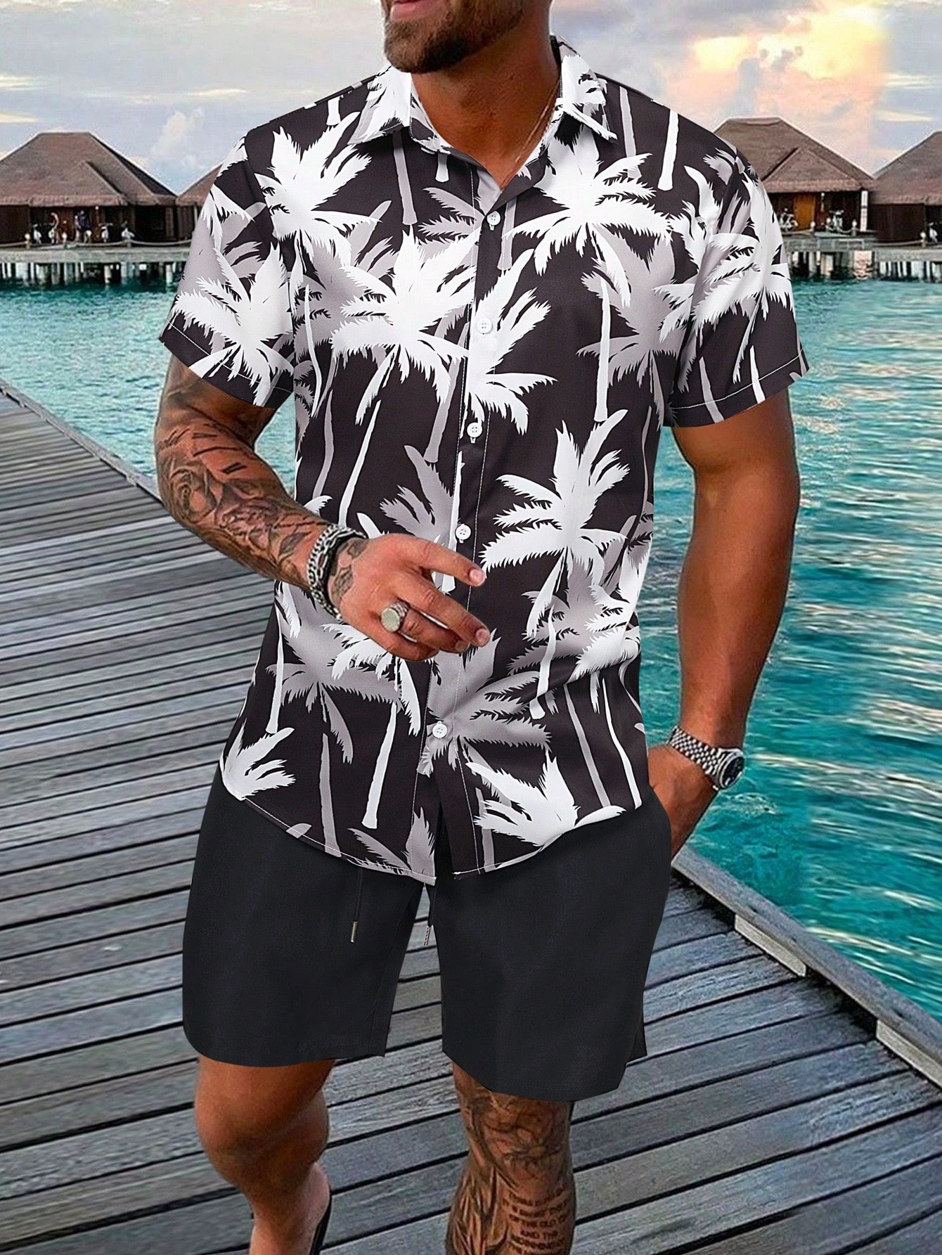 Men Tropical Print Shirt & Shorts