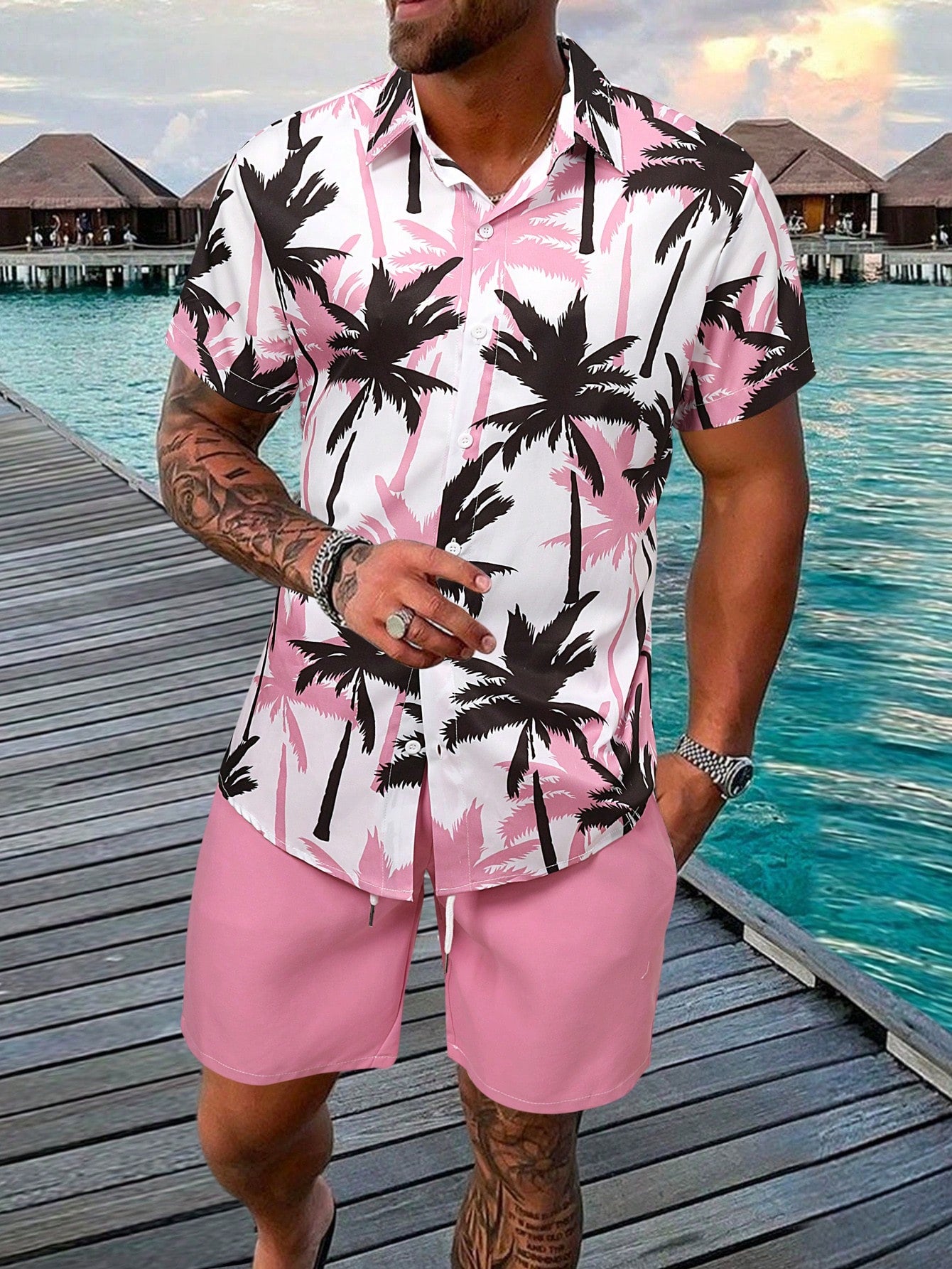 Men Tropical Print Shirt & Shorts