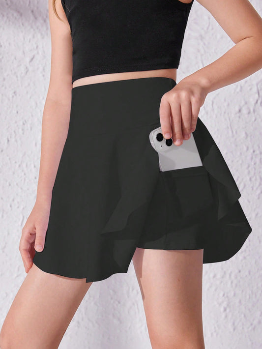 Tween Girl High Waist Phone Pocket Ruffle Hem Skirt