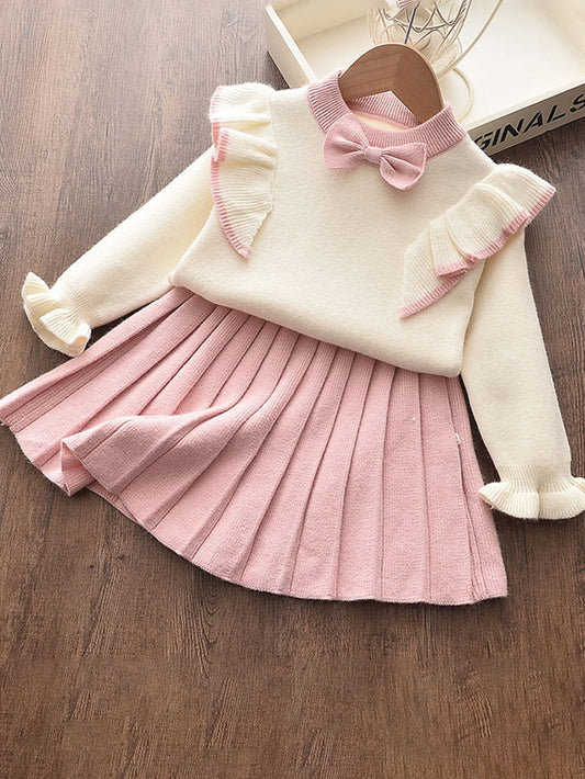 2pcs/set Young Girls' Simple & Cute Long Sleeve Top With Ruffle Hem & Pleated Skirt With Bowknot Design For Autumn/winter