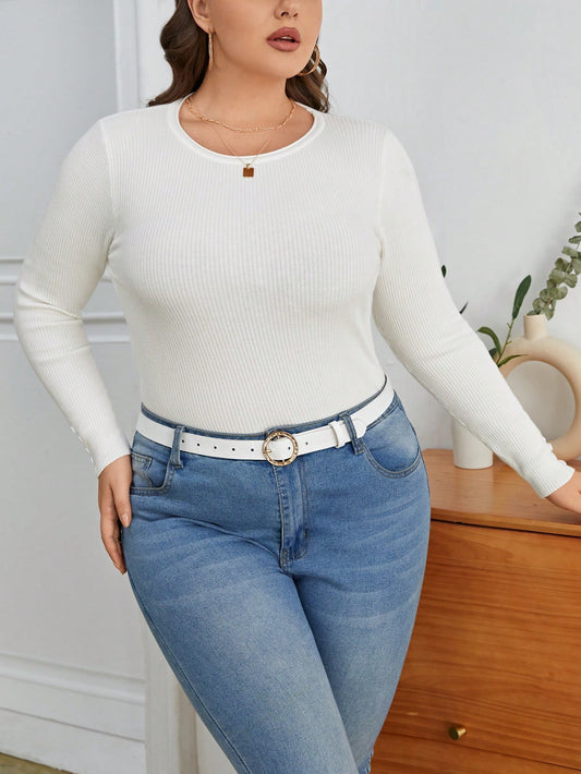 Plus Solid Ribbed Knit Sweater