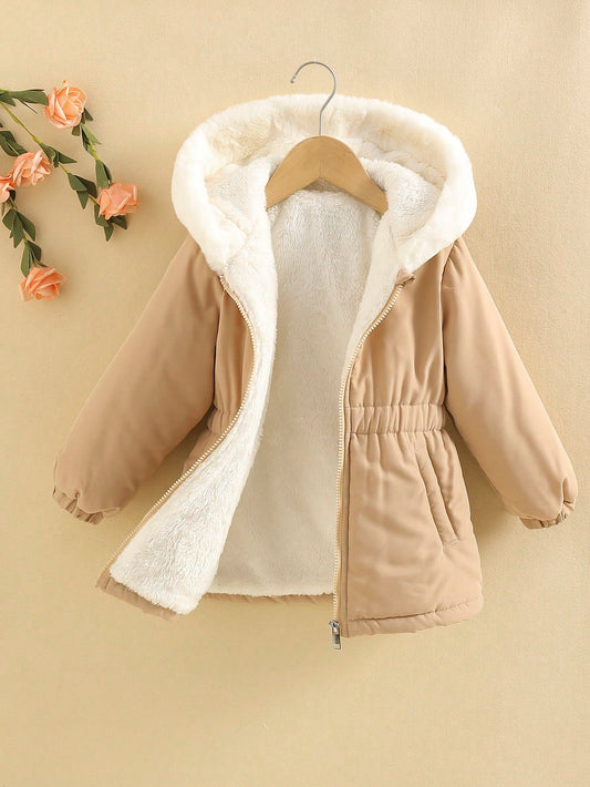 Young Girl Zip Up Elastic Waist Hooded Thermal Lined Coat