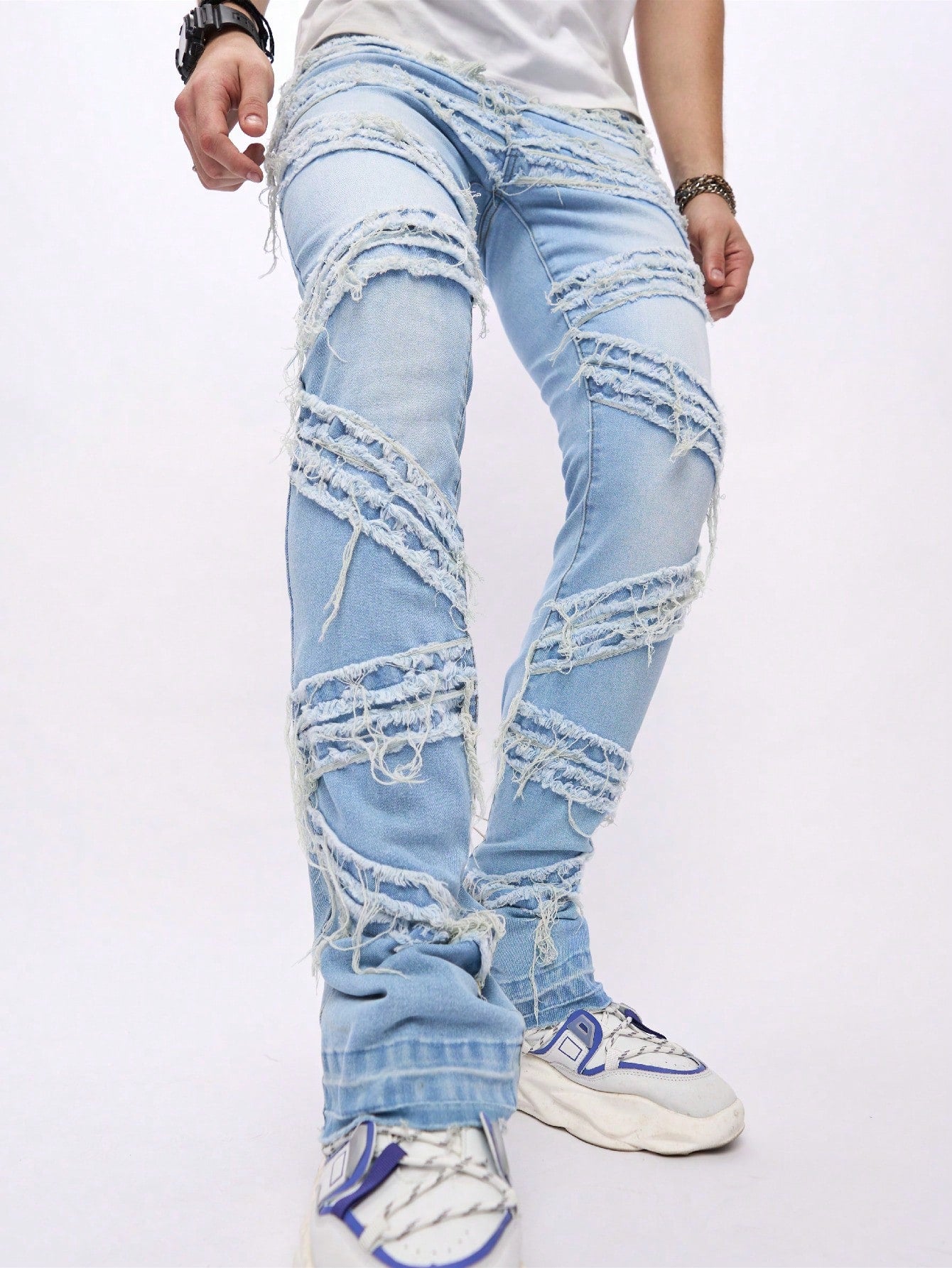 Men Ripped Frayed Raw Hem Jean Straight Leg Long Distressed Jeans Cargo Plain Light Blue Going Out Rock And Roll Friends