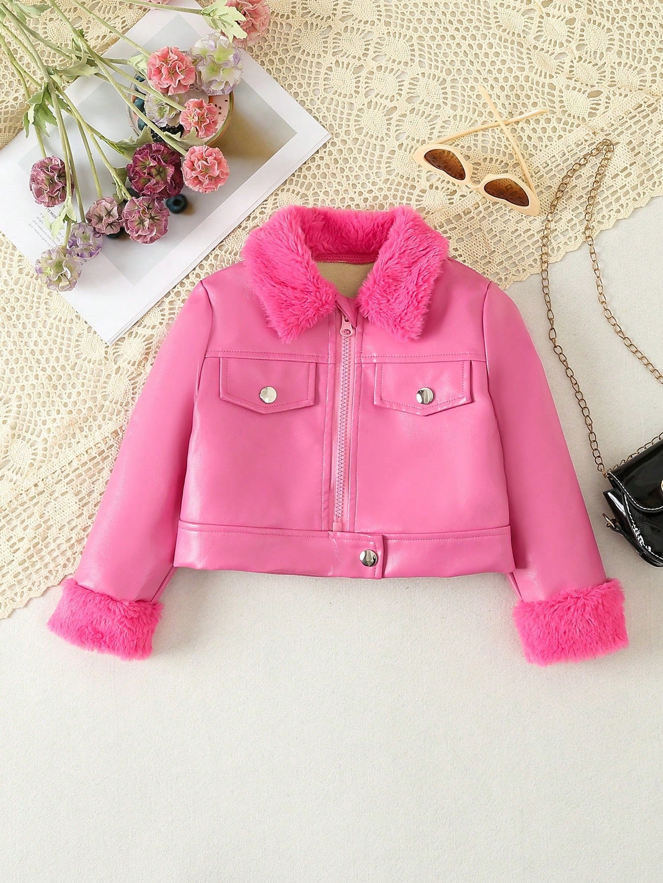 Young Girl Teddy Panel Zip Up PU Jacket