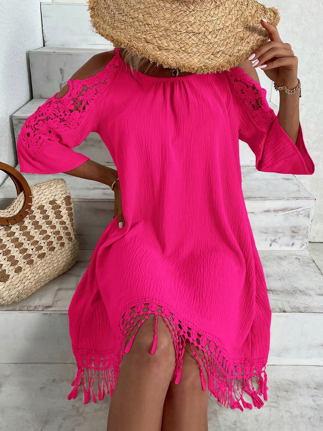 Contrast Guipure Lace Cold Shoulder Dress