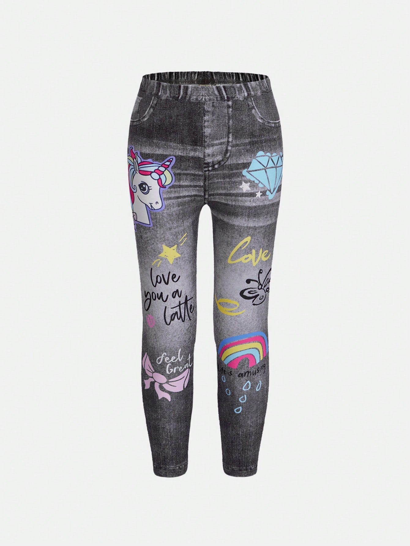 Young Girl Cartoon & Letter Graphic Leggings