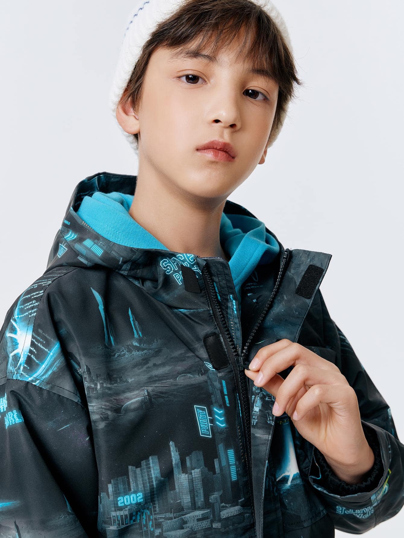 Boys Winter Cool Sci-Fi Style Spaceship Printed Hooded Windproof Kids Jacket Blue