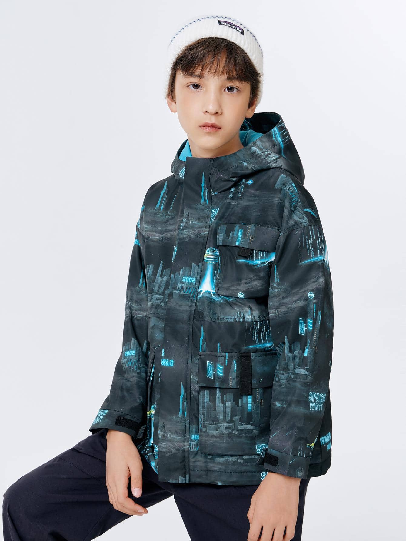 Boys Winter Cool Sci-Fi Style Spaceship Printed Hooded Windproof Kids Jacket Blue