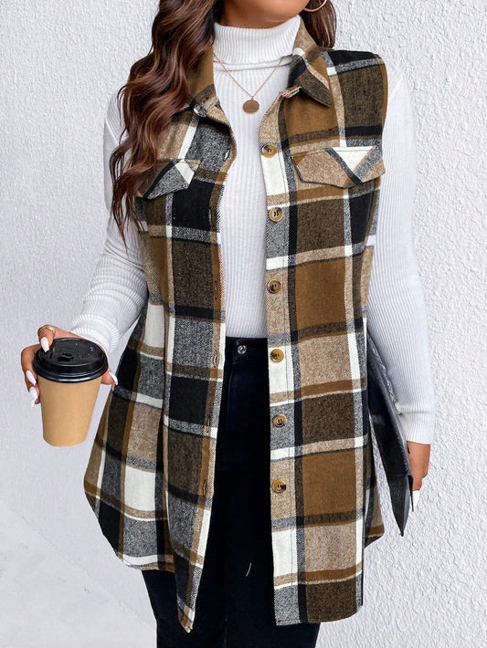 Plus Plaid Print Flap Detail Sleeveless Coat