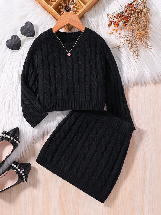 Young Girl Solid Cable Knit Sweater & Knit Skirt