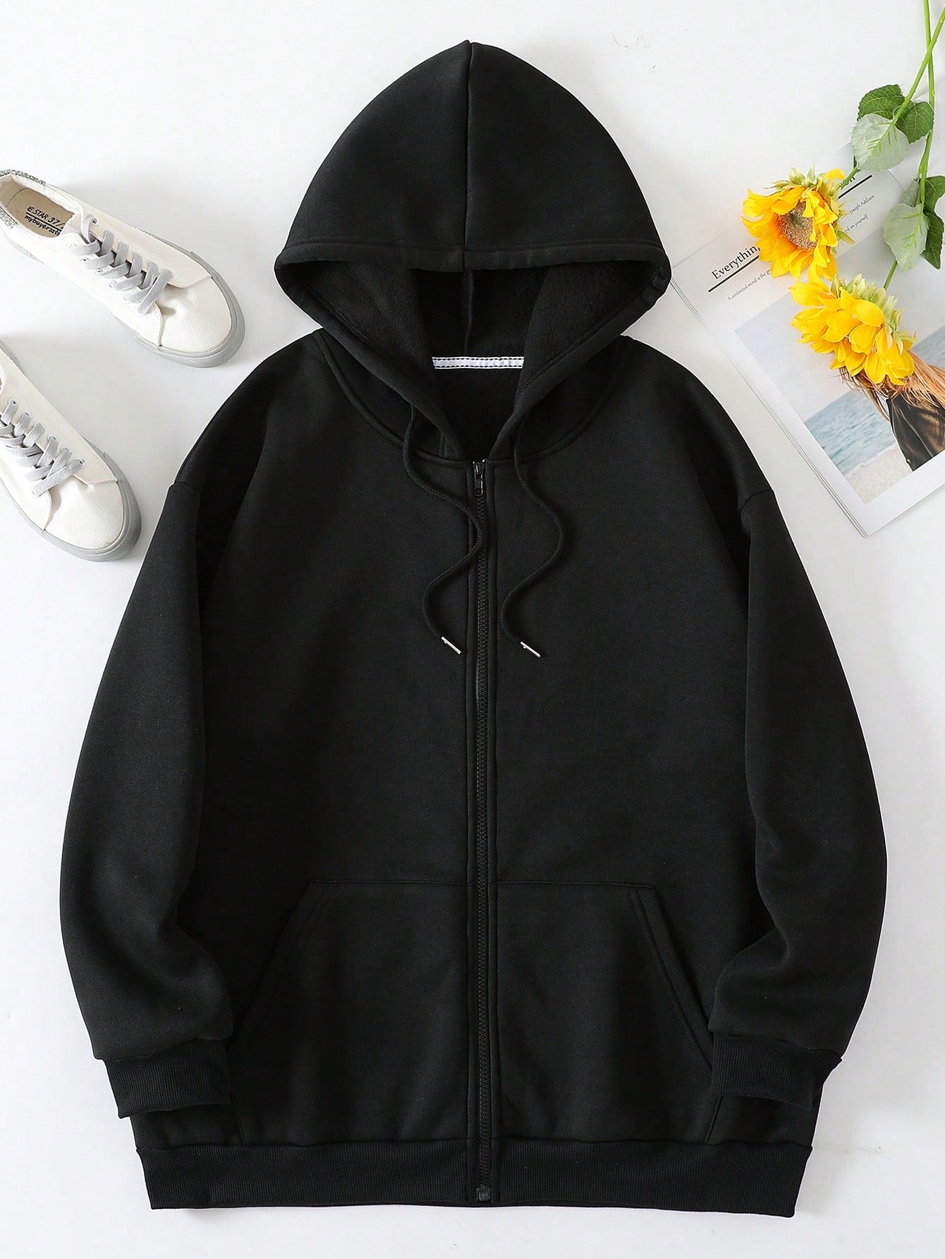 Plus Solid Zip Up Drawstring Thermal Lined Hoodie