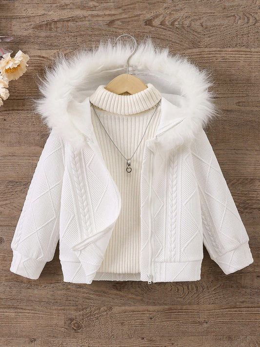 Young Girl Fuzzy Trim Zip Up Hooded Jacket Without Sweater