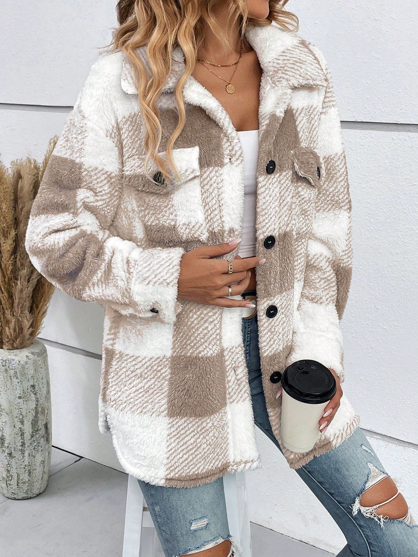 Women's Plaid Soft Fur Regular Fit Coat