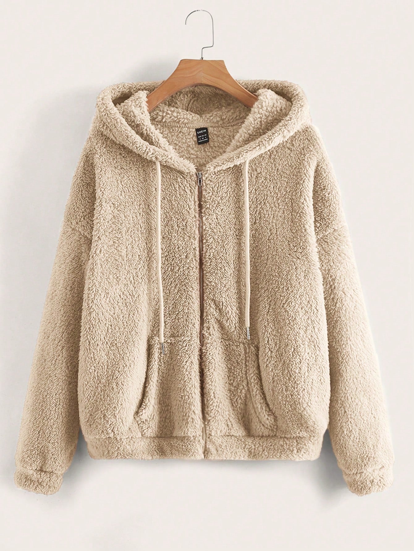 Zip Up Drop Shoulder Drawstring Hooded Teddy Jacket