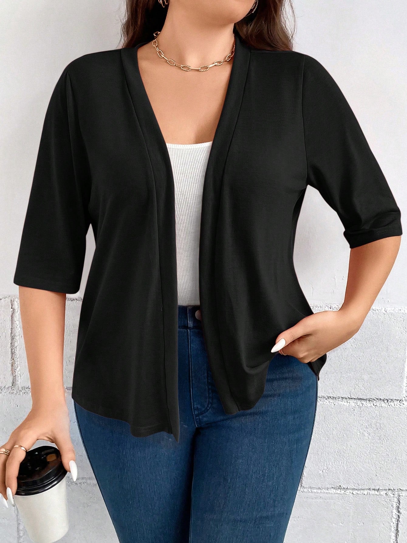 Plus Size Women's Summer Solid Color Short Sleeve Open-Front Casual Jacket