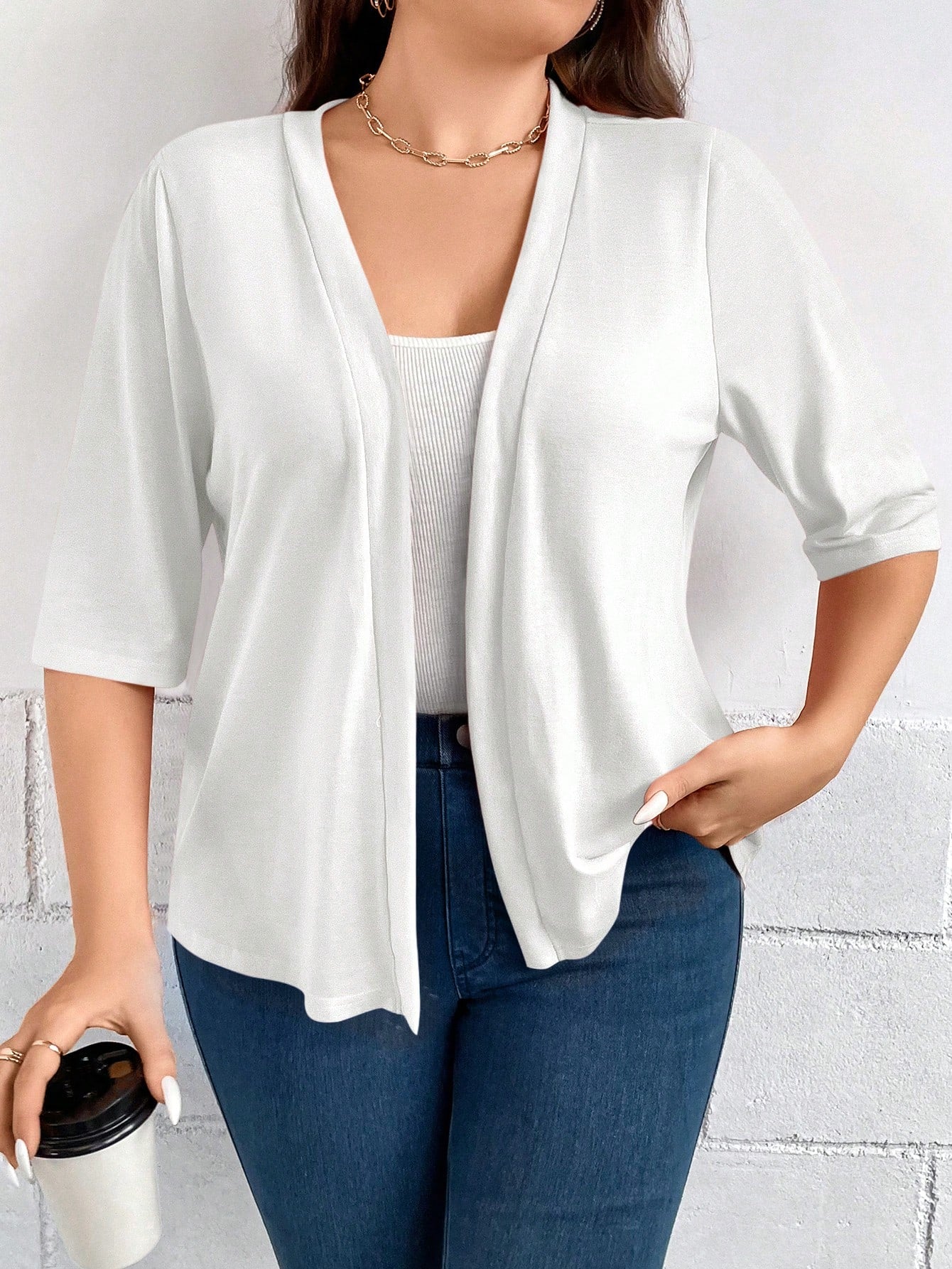 Plus Size Women's Summer Solid Color Short Sleeve Open-Front Casual Jacket