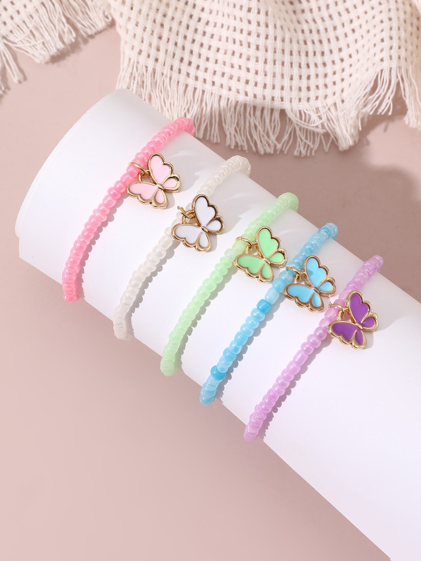 5pcs Girls' Polymer Clay Bead & Oil Drop & Butterfly Decor Bracelet, Daily Wear Accessory