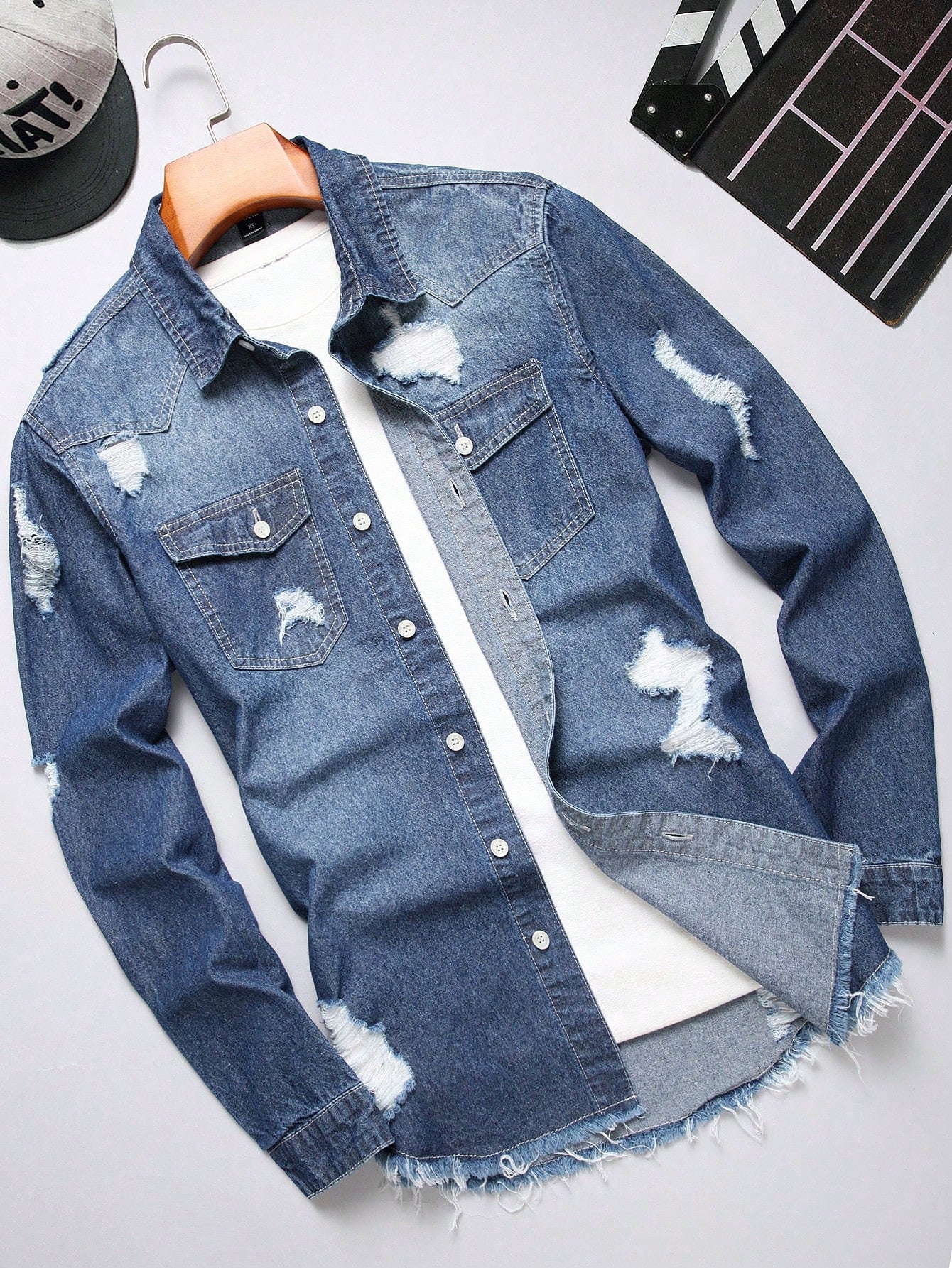 Men Ripped Frayed Raw Hem Denim Shirt Without Tee, Oversize Long Sleeve Button Up Blue  Rapper Denim Shirt