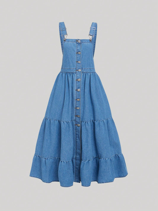 Teen Girl Button Front Ruffle Hem Denim Overall Dress Without Tee