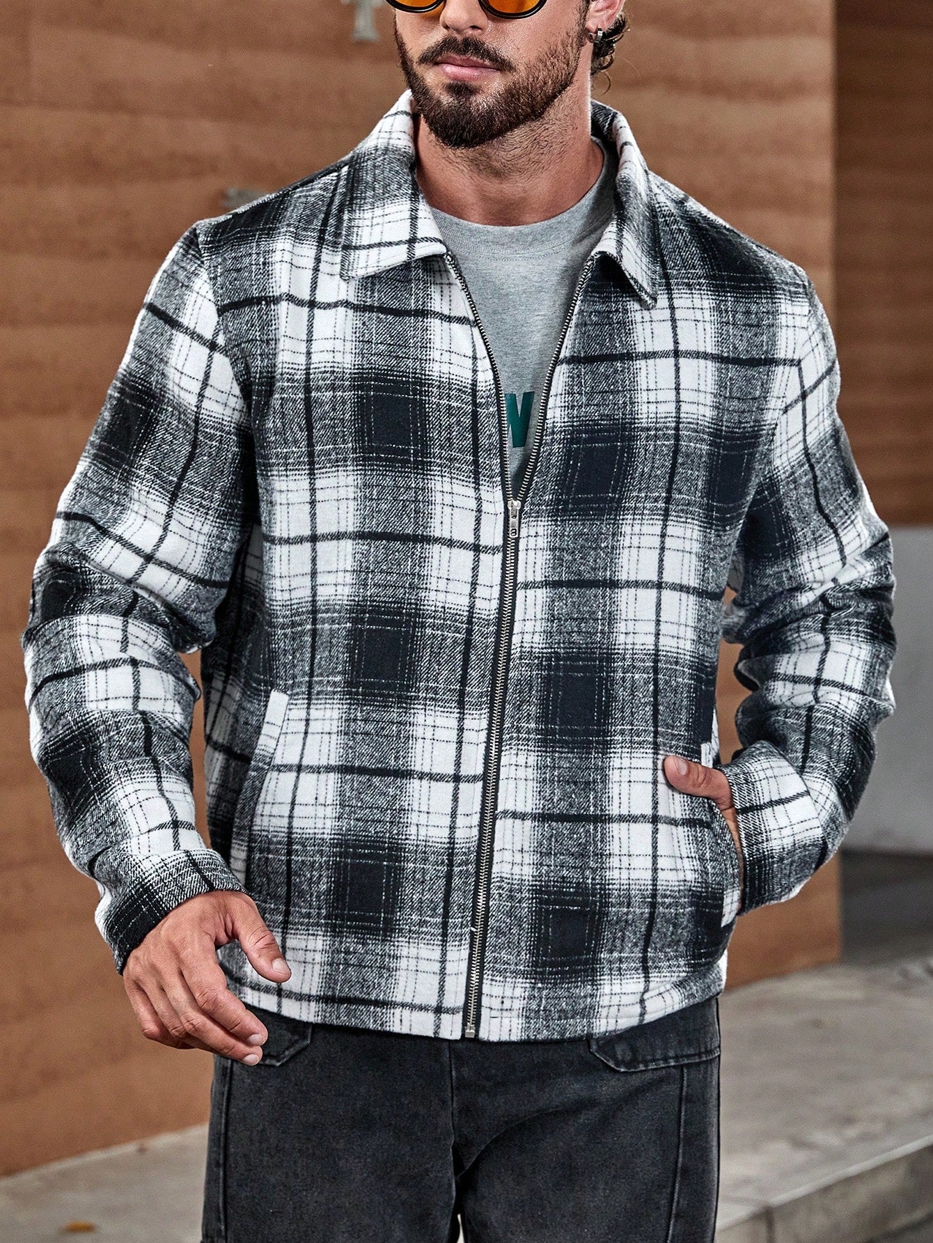 Men's Loose Fit Plaid Print Zip Up Overcoat