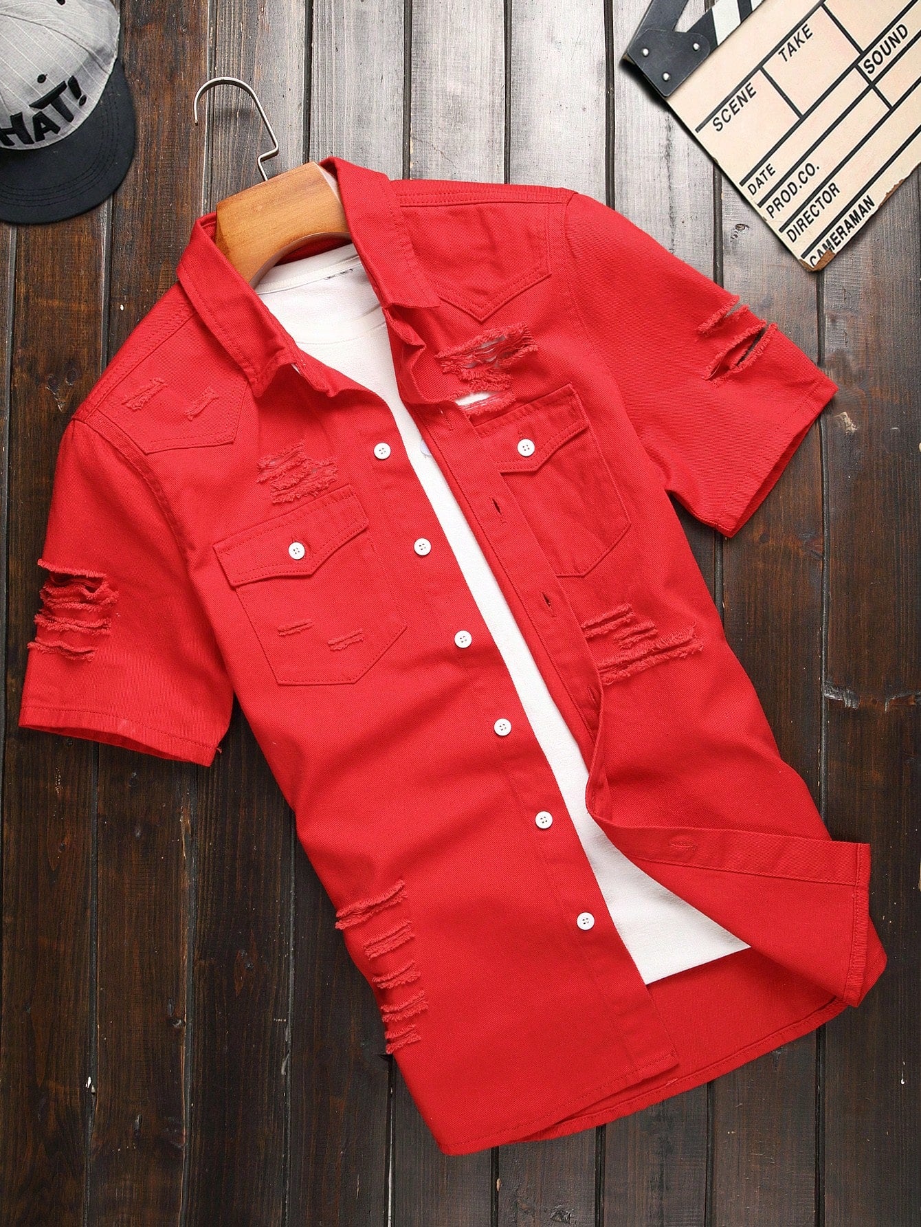 Men's Solid Color Single-Breasted Short Sleeve Denim Shirt With Distressed Details, Summer