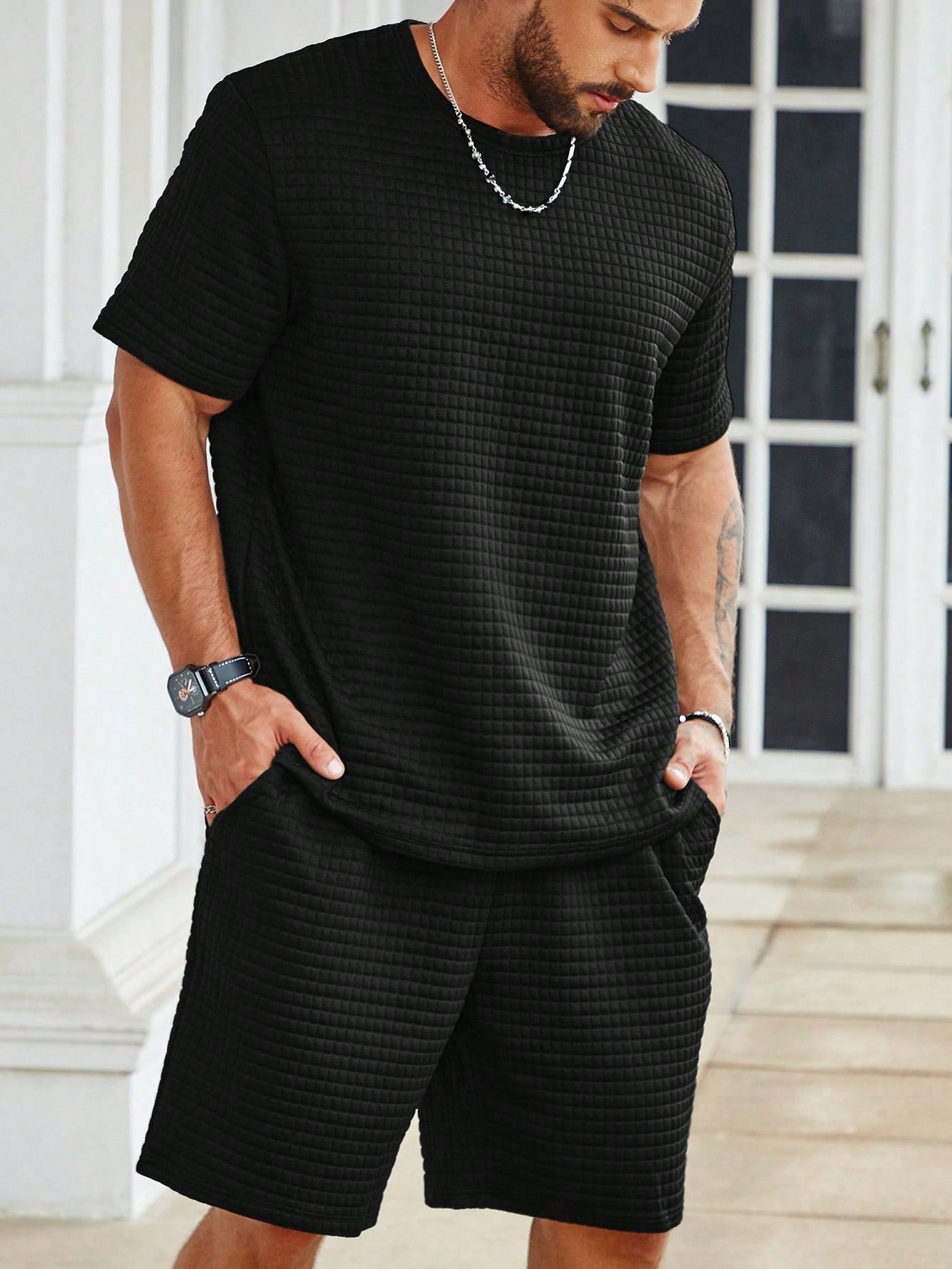 Men Plus Solid Tee & Drawstring Waist Shorts