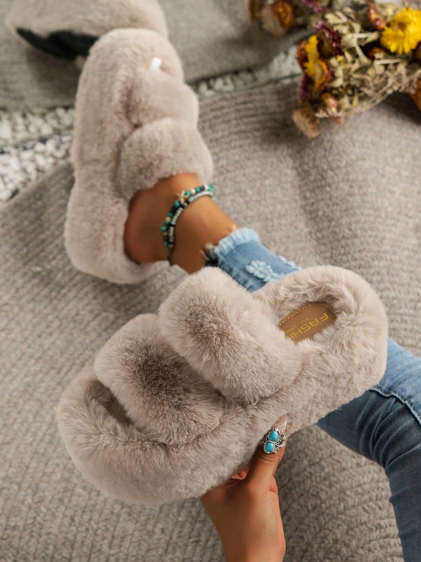 Women's Thick Sole Height Increasing Indoor/outdoor Slippers With Fur Trim, Milk Tea Color And Double Strap Open Toe Design