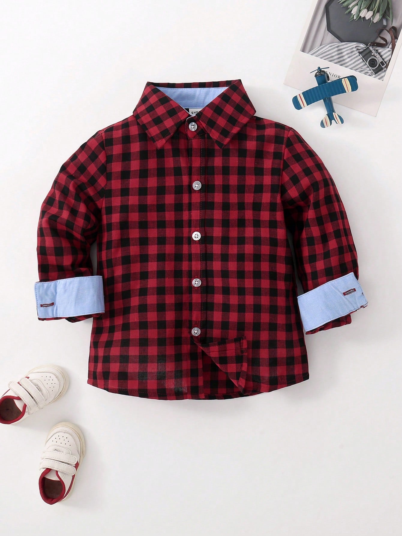 Young Boy Gingham Print Button Up Shirt